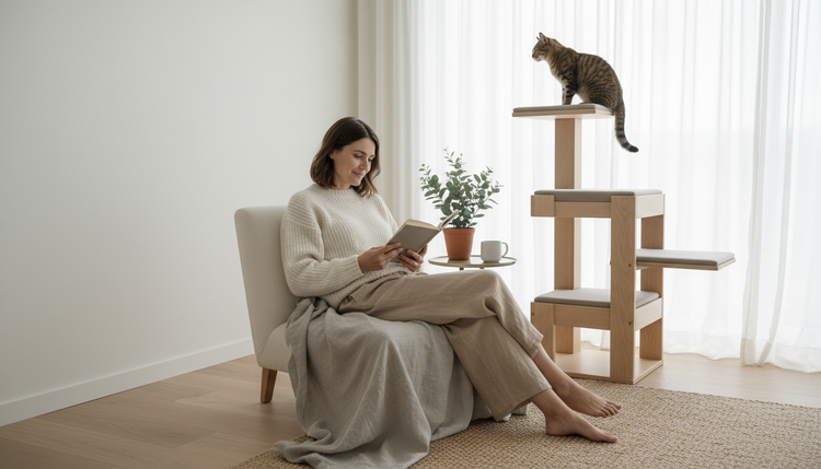 A cat perched on a cat tree in a bright living room